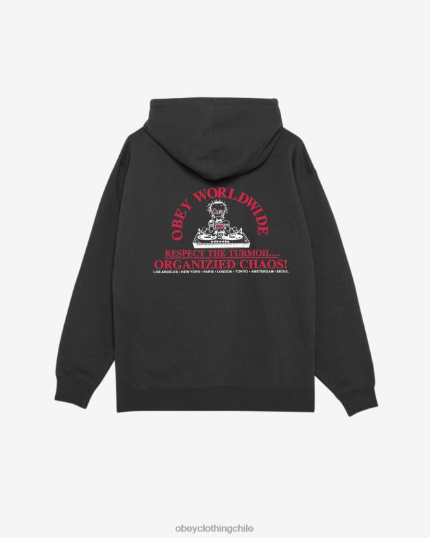 ropa 40VX159 hombres capucha con cremallera pesada organizada caos OBEY negro
