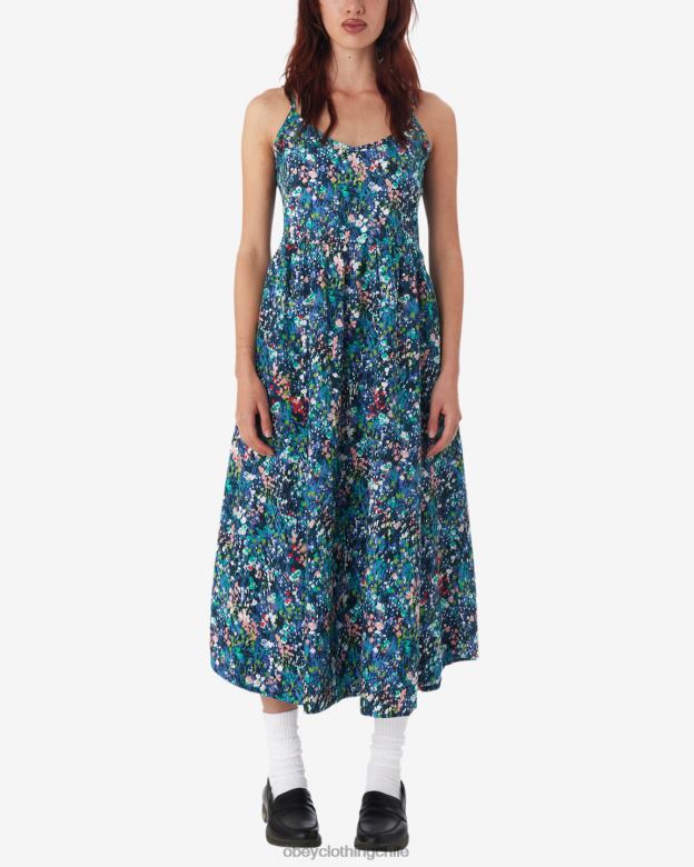 ropa 40VX582 mujer vestido de jardín de primavera OBEY azul verdoso multicolor