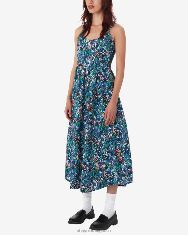 ropa 40VX582 mujer vestido de jardín de primavera OBEY azul verdoso multicolor