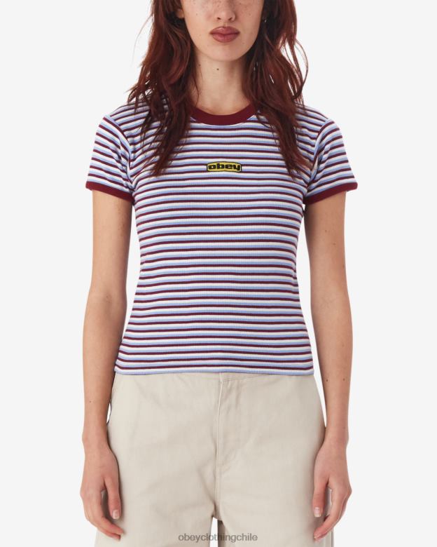 ropa 40VX557 mujer camiseta ringer para bebé con rayas de ciprés OBEY tibetano rojo multi