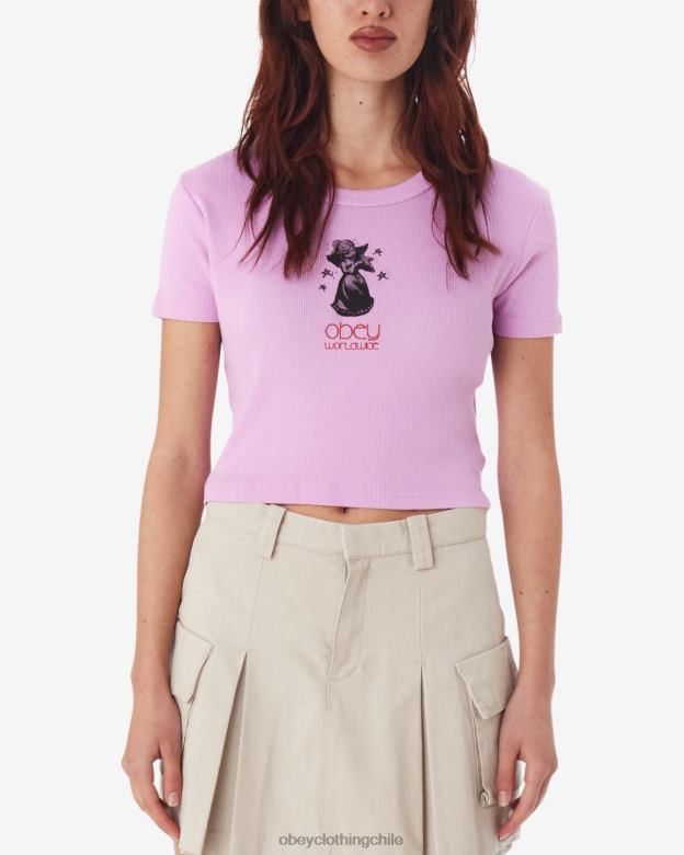 ropa 40VX603 mujer camiseta corta de canalé con ángel de semitono OBEY lavanda pastel