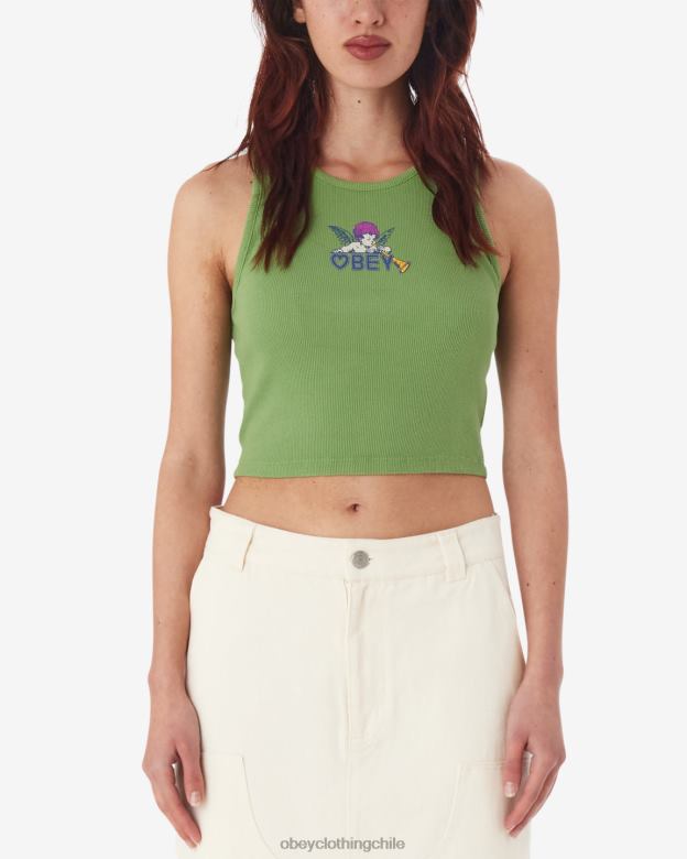 ropa 40VX619 mujer tanque de costillas de corazón de querubín OBEY verde picante