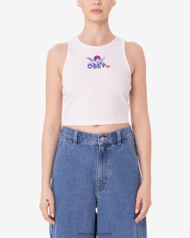 ropa 40VX620 mujer tanque de costillas de corazón de querubín OBEY blanco